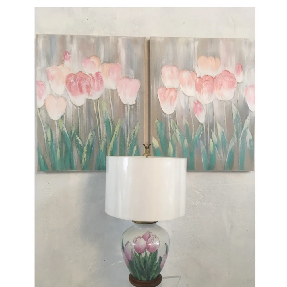 1980s Lee Reynolds Tulip Paintings, a Pair Oil on Canvas Retro Gem Signed - Picture 2 of 12
